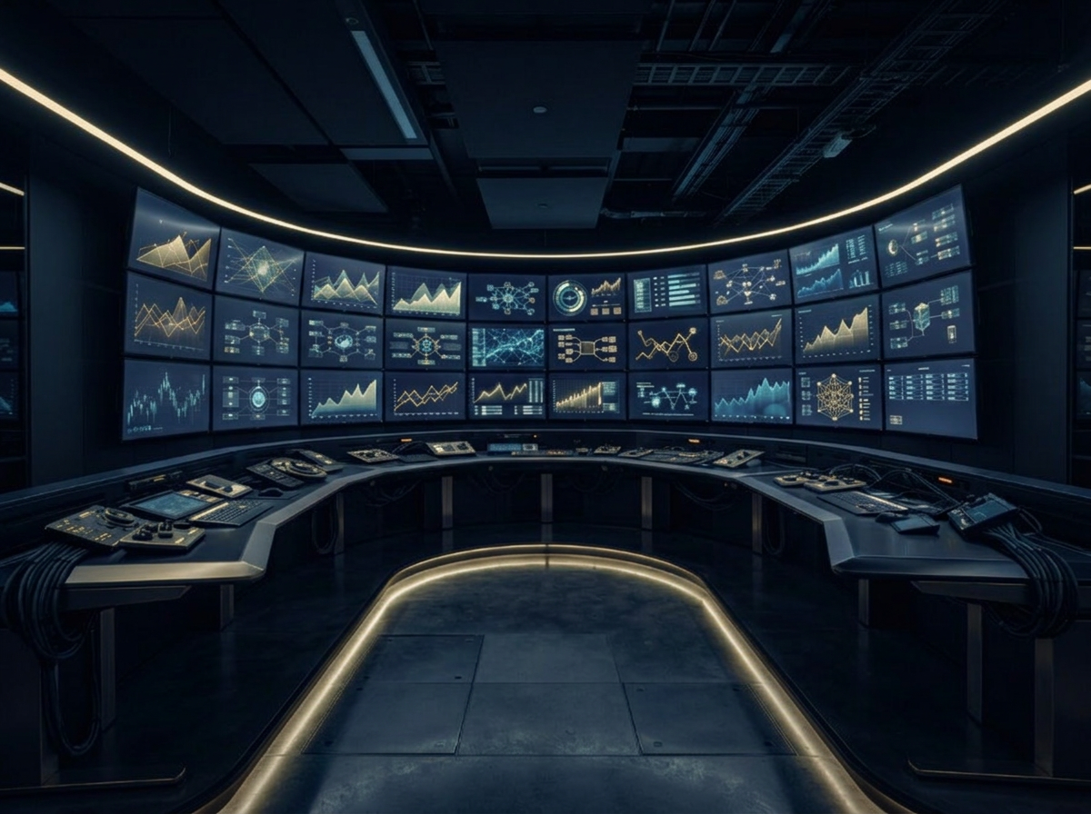 Financial operations control room with live market dashboards